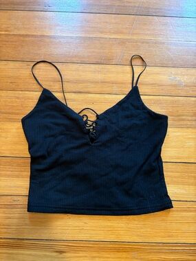 Me to We Black Ribbed Lace-Up Crop Tank